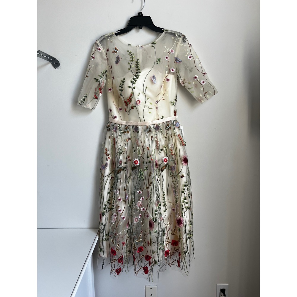 TS Couture Floral Embroidered Midi‎ Dress Sheer Overlay Custom Size